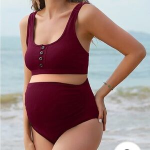 Summer Mae Red Ribbed Maternity Bikini Set